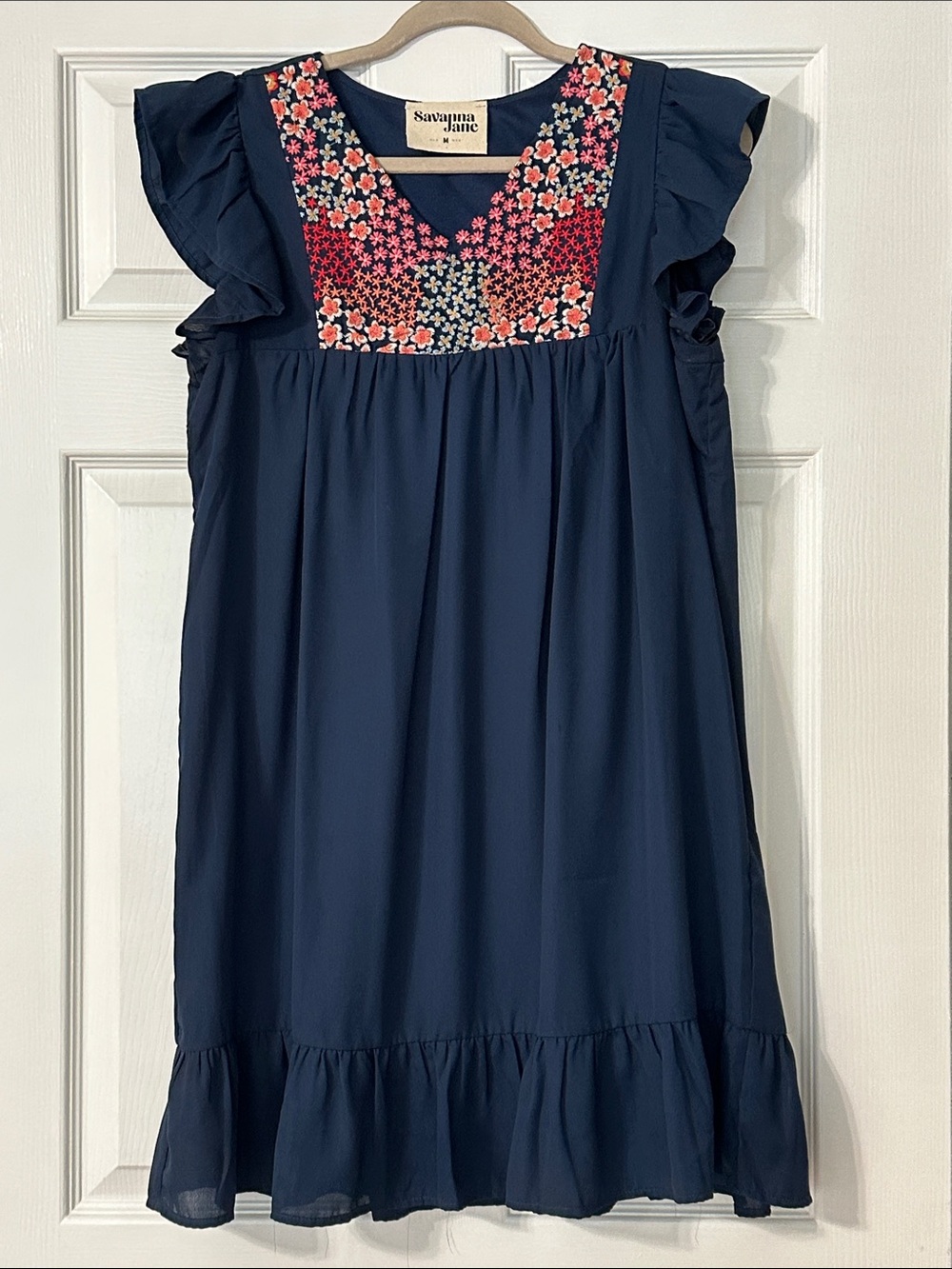 Savanna Jane Navy Mini Dress with Pink & Coral Floral Embroidery